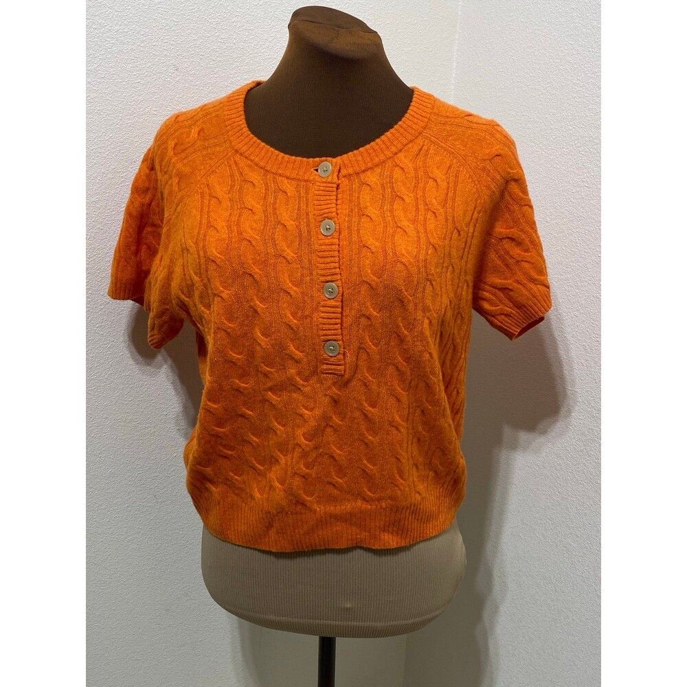 J. Crew Cashmere Cable-Knit Henley Short Sleeve Sweater Heather Pumpkin Size Med